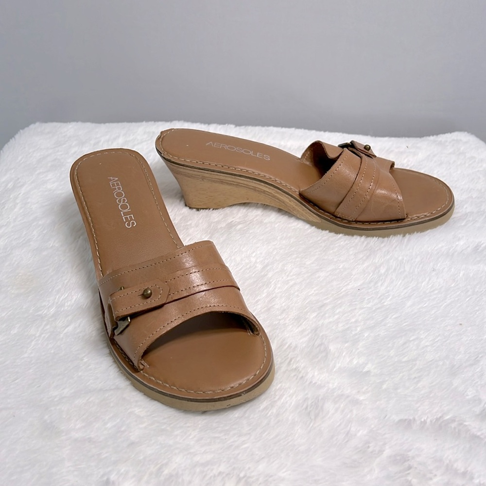 Aerosoles Step In Open Toe Wooden Wedge Heel Sandal size 6